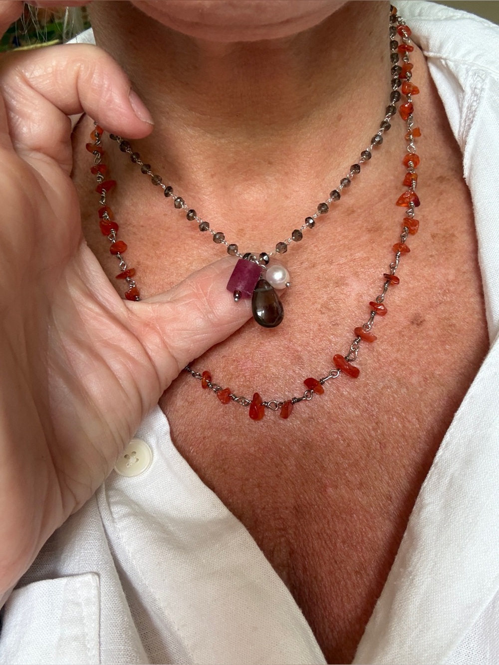 Orange Carnelian & Smoky Quartz Necklaces. Handmade. 
Both Beautiful. 
Unique.